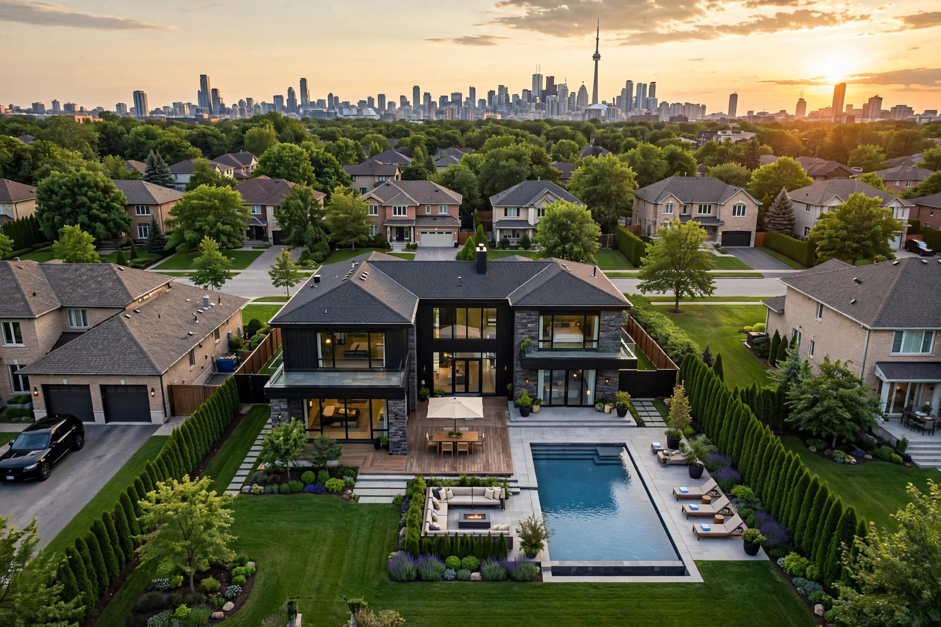 Aerial drone photo of a luxury Toronto home at golden hour with the CN Tower in the distance